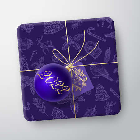 Christmas Gift Box Realistic Vector Template. Paper Wrapped Container with Greetings Tag and Toy Ball. Holiday Packaging Design Illustration. Hand Drawn New Year Background Seamless Pattern. Isolatedのイラスト素材