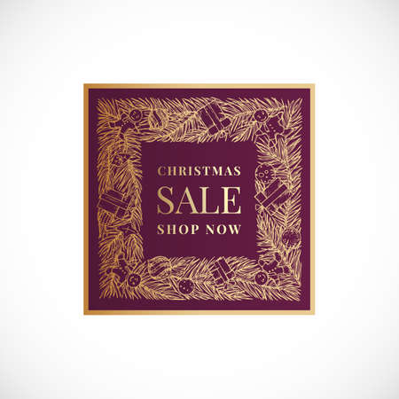 Christmas and New Year Hand Drawn Sketch Wreath, Frame Banner or Sticker Template. Abstract Holiday Promo Sale Vector Square Label with Retro Typography and Gold Color. Isolatedのイラスト素材