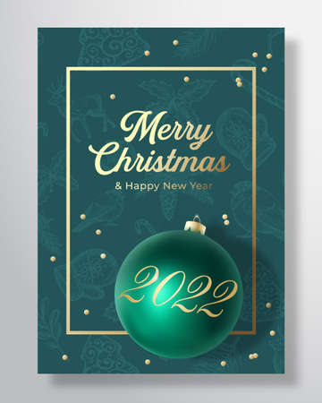 Christmas and New Year Vector Greeting Card, Poster or Pattern Background. Green and Gold Colors, Glitter and Typography. Xmas Toy Ball with Soft Shadows. Holiday Social Media Decoration Bannerのイラスト素材