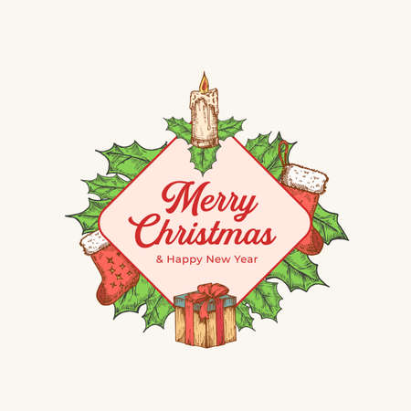 Christmas and New Year Colorful Greeting Card with Rhombus Frame Banner and Cute Typography. Season Holiday Greetings Label or Sticker Layout with Hand Drawn Candle, Holly and Gifts Socks. Isolatedのイラスト素材