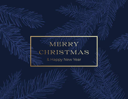 Christmas Greetings Card Layout with Classy Blue Hand Drawn Spruce Pine Branches Background. Winter Holiday Decoration Sticker, Cover Card or Poster.のイラスト素材