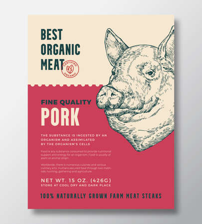 Animal Portrait Organic Pork Meat Abstract Vector Packaging Design or Label Template. Farm Grown Steaks Banner Modern Typography and Hand Drawn Pig Head Sketch Background Layout with Soft Shadowのイラスト素材