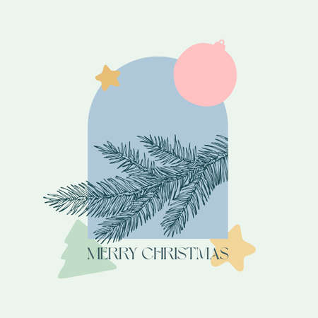 Christmas Vector Background Decorative Layout. Spruce Branch with Holiday Geometry Shapes Boho Label. Contemporary Season Greeting Design for Cover, Wall Decor, Apparel Print, Wallpaper Promo Adsのイラスト素材