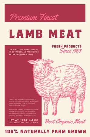 Premium Finest Lamb Meat. Abstract Vector Meat Packaging Product Label Design. Retro Typography and Hand Drawn Sheep Sketch Silhouette Background Layoutのイラスト素材