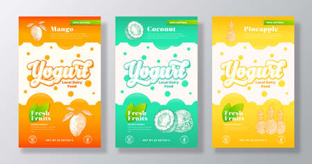 Fruits and Berries Yogurt Label Templates Set. Abstract Vector Dairy Packaging Design Layouts Collection. Modern Banner with Hand Drawn Pineapples, Mango and Coconut Sketches Background. Isolatedのイラスト素材