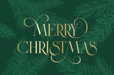 Christmas Greetings Card Layout with Hand Drawn Spruce Pine Branches Background. and Modern Swooshed Typography Gold Letters. Classy Green Backgroundのイラスト素材
