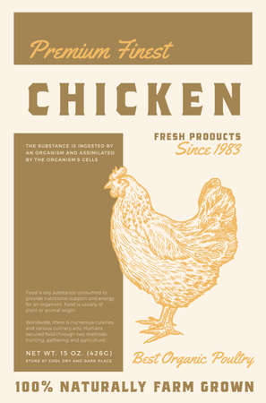 Premium Finest Chicken Meat. Abstract Vector Poultry Meat Packaging Product Label Design. Retro Typography and Hand Drawn Domestic Bird Sketch Silhouette Background Layoutのイラスト素材