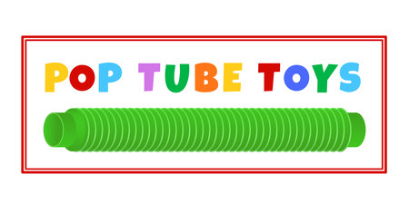 Sensory Kids Toy from Corrugated Pipe Vector Frame Label or Sign Template. Colorful Plastic Flexible Wire Anti Stress Pop Tube Children Toy Illustration with Typography. Isolatedのイラスト素材