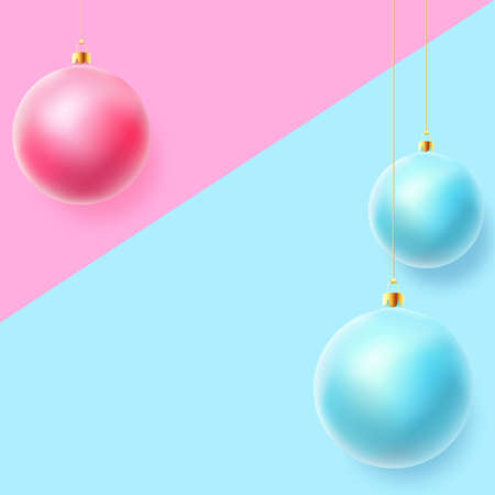 Realistic Pink and Blue Christmas Baubles on Pastel Background. Social Media Post Template. Winter Holiday Decoration Card or Poster Mockup. New Year 3D Ball Social Network Bannerのイラスト素材