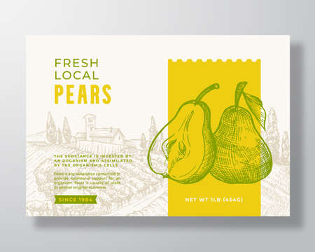 Fresh Local Pears Food Label Template. Abstract Vector Packaging Design Layout. Modern Typography Banner with Hand Drawn Fruit and Rural Landscape Background. Isolatedのイラスト素材