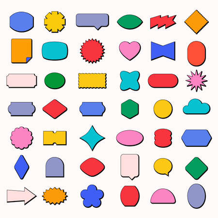 Retro Stickers Templates Set. Colorfull Shapes Collection of Blank Labels with Copy Space. Trendy Patches and Banners Mockups Bundle. Isolatedのイラスト素材