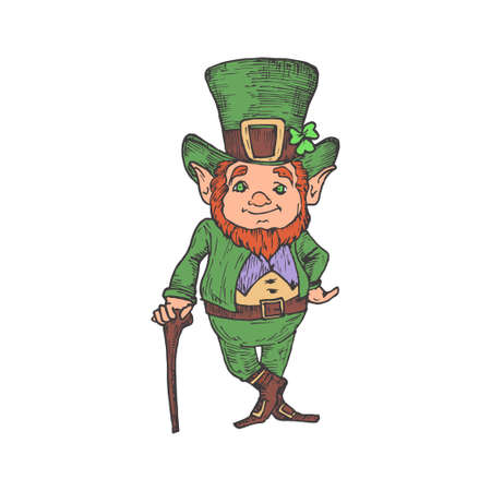 Hand Drawn Saint Patricks Day Color Vector Illustration. Leprechaun in a Hat Abstract Sketch. Irish Holiday Engraving Style Drawing Isolatedのイラスト素材