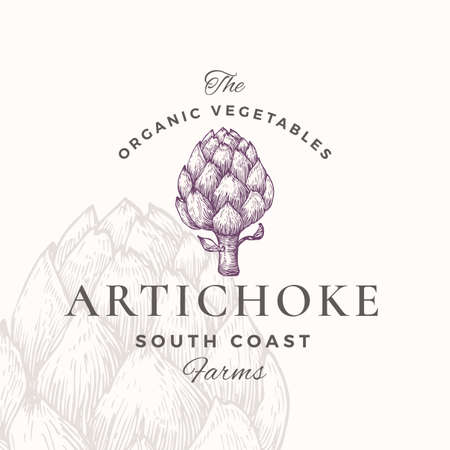 Artichoke Badge or Logo Template. Hand Drawn Vegetable Sketch with Retro Typography. Premium Plant Based Vegan Food Emblem. Isolatedのイラスト素材