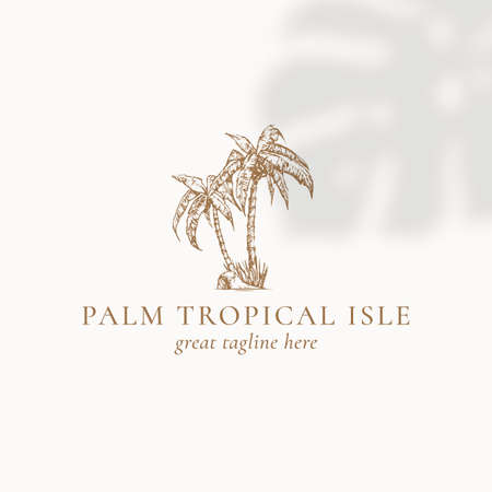 Palm Trees Badge or Logo Template. Hand Drawn Tropical Plant Sketch with Typography. Premium Nature Emblem. Isolatedのイラスト素材