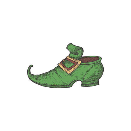 Hand Drawn Saint Patricks Day Color Vector Illustration. Leprechaun Shoe Abstract Sketch. Irish Holiday Engraving Style Drawing. Isolatedのイラスト素材