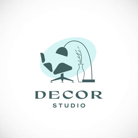 Abstract Vector Furniture and Interior Decor Studio Sign, Symbol, Logo Template. Minimalism Chair and Floor Lamp with Vase Silhouette. Premium Quality Business Emblem. Isolatedのイラスト素材