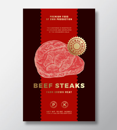 Farm Grown Beef Steak Abstract Vector Packaging Label Design Template. Modern Typography Banner, Hand Drawn Meat Sketch Silhouette. Color Paper Background Layout with Gold Foil Isolatedのイラスト素材
