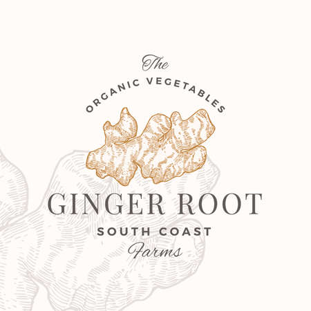 Ginger Abstract Vector Sign, Symbol,  Template. Hand Drawn Root Sketch Sillhouette with Typography. Premium Plant Based Vegan Food Emblem. Isolatedのイラスト素材