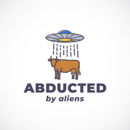 Abducted by Aliens Abstract Vector Sign, Symbol,  Template. Outline UFO and Cow Silhouette with Modern Typography. Science Fiction Fantastic Character Emblem Isolatedのイラスト素材