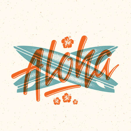 Aloha beach lettering. Havaiian summer tropical sign, label, vintage card template with shabby texture. Crossed surfing boards and hibiscus flowers decorative illustration Isolatedのイラスト素材