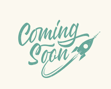 Coming soon lettering retro cartoon rocket sign web template. Page under construction website vector banner background Isolatedのイラスト素材