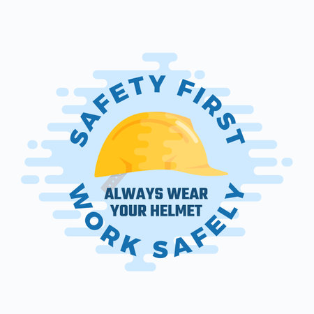 Work safely wear safety helmet warning label. Flat style construction hardhat icon advertising illustration. Protective headgear uniform caution sticker card Isolatedのイラスト素材