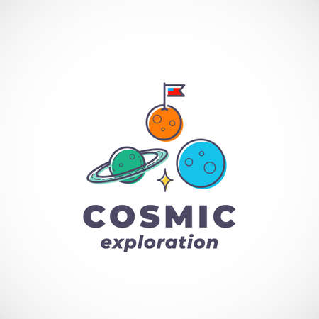 Cosmic Exploration Abstract Vector Sign, Symbol, Logo Template. Outline Space Planets Silhouette with Modern Typography. Science Fiction Fantastic Emblem Isolatedのイラスト素材