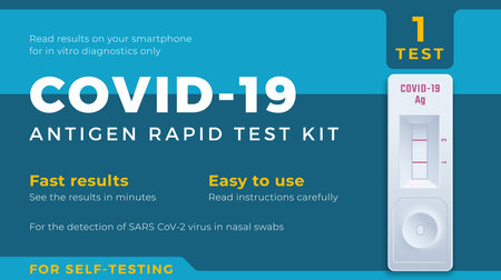 COVID-19 Antigen Fast Self Test Label Template. Medical Corona Virus Nasal Swab Diagnostic Kit Vector Packaging Design Layout. Modern Typography Banner with Realistic Test Device Background Isolatedのイラスト素材