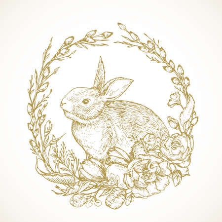 Hand Drawn Cute Easter Bunny in a Flowers Wreath Vector Illustration. Little Rabbit in a Willow Twigs Frame Abstract Sketch. Spring Holiday Engraving Style Drawing. Isolatedのイラスト素材