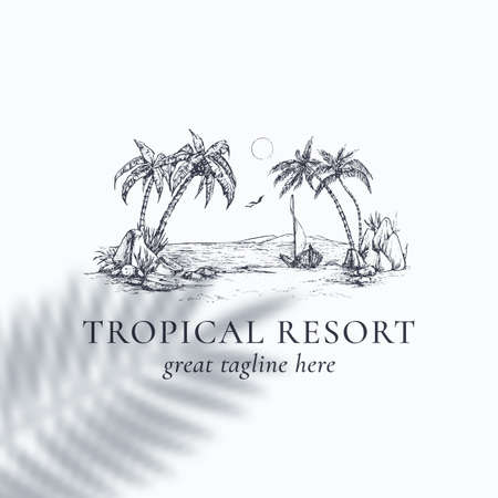 Palm Trees tropical resort view badge or  Template Hand Drawn beach with palms and boat Sketch with Typography. Premium Nature Emblem Isolatedのイラスト素材