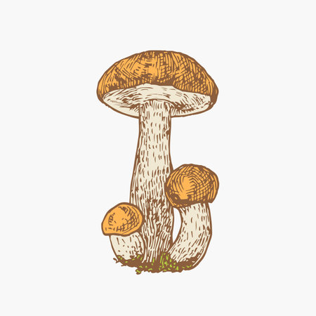 Hand Drawn Orange Cap Boletus Mushrooms Abstract Color Illustration. Fungus Group Engraved Vector Drawing Isolatedのイラスト素材