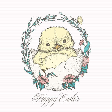 Hand Drawn Cute Easter Chick Vector Illustration. Little Chicken in an Egg with Willow Twigs and Flowers and Butterfly Abstract Greeting Card. Spring Holiday Engraving Style Drawing Isolatedのイラスト素材