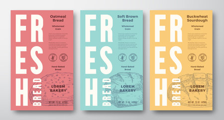 Fresh Baked Bread Abstract Vector Packaging Design Labels Collection. Modern Typography Banners, Hand Drawn Bread Loaf Sketch Silhouettes Set. Color Paper Background Layouts. Isolatedのイラスト素材