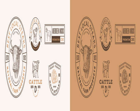 Cattle Farm Retro Framed Badges and   Templates Collection. Hand Drawn Beef Steak and Cow Animals Illustration with Retro Typography. Vintage Engraving Style Emblems Set Isolatedのイラスト素材