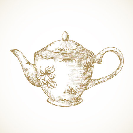 Cottagecore style tea pot. Hand Drawn Sketch Vector Illustration. Countryside Recreation and Picnic Doodle Item Isolatedのイラスト素材