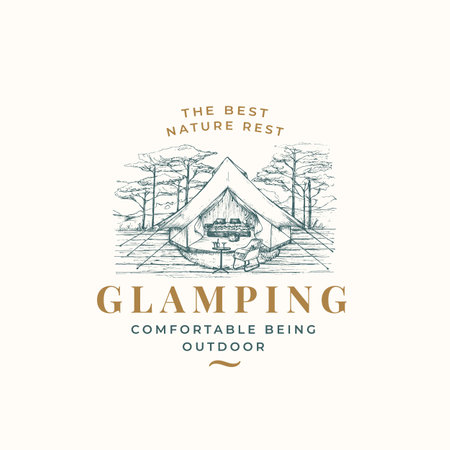 Glamping Recreation Retro  Template. Hand Drawn Comfortable Outdoor Tent Landscape Sketch with Typography. Nature Rest Sketch Emblem Isolatedのイラスト素材