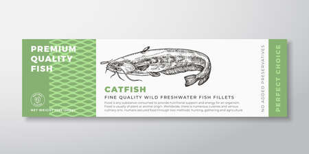 Premium Quality Catfish Vector Packaging Label Design Modern Typography and Hand Drawn Freshwater Fish Silhouette Seafood Product Background Layoutのイラスト素材