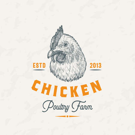 Chicken Meat Farm Retro Badge  Template. Hand Drawn Hen Face Sketch with Retro Typography. Vintage Poultry Sketch Emblem Isolatedのイラスト素材