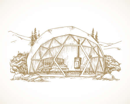 Hand Drawn Glamping Landscape Vector Illustration. Cozy Outdoor Vacation Dome Tent with Mountains and Trees Sketch Background. Nature Recreation Bungalow Doodle Isolatedのイラスト素材