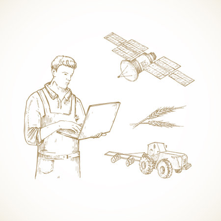 Hand Drawn Precision Agriculture Vector Illustration. Farmer with Laptop Operating Tractor with Satellite Engraving Style Drawing. Modern Automated Crop Production Doodle Isolatedのイラスト素材