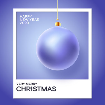 Christmas Very Peri Bauble. 2022 Color of the Year Greetings Template. Winter Holiday Social Media Poster Card with White Frame New Year 3D Ball with Golden Parts Social Network Bannerのイラスト素材