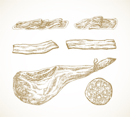 Meat and Sausage Hand Drawn Doodle Vector Illustrations Set. Jamon Leg, Bacon and Salami Sketch Style Drawings Collection Isolatedのイラスト素材