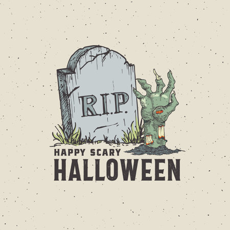 Vintage Style Halloween Card Label Template. Hand Drawn Tomb Ston and Zombie Hand Sketch Illustration with Retro Typography Isolatedのイラスト素材