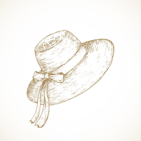 Cottagecore style rural hat with ribbon band. Hand Drawn Sketch Vector Illustration. Countryside Recreation and Picnic Headwear Doodle Item Isolatedのイラスト素材