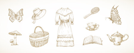 Cottagecore style items collection. Hand Drawn Sketch Vector Illustrations set. Countryside Recreation and Picnic Doodle goods Isolatedのイラスト素材