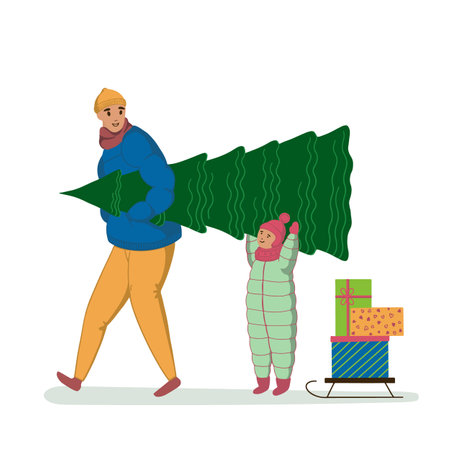 Merry young father and son walking carrying pine tree and sleigh with stack of wrapped Christmas gift boxes. Dad and boy with New Year presents for winter holidays. Flat vector illustration Isolatedのイラスト素材