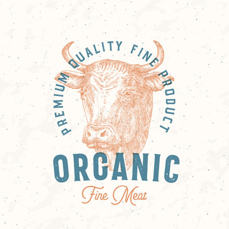 Risograph Style Cow Meat Farm Retro Badge Logo Template. Hand Drawn Cattle Face Sketch with Retro Typography. Vintage Beef Steaks Sketch Emblem Print Isolatedのイラスト素材
