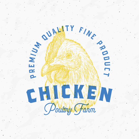Risograph Style Chicken Meat Products Farm Retro Badge Logo Template. Hand Drawn Bird Face Sketch with Retro Typography. Vintage Poultry Steaks Sketch Emblem Print Isolatedのイラスト素材