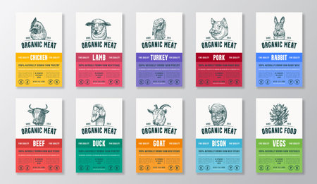 Organic Meat, Poultry, Vegetables Vector Packaging Design or Label Templates Set. Farm Grown Food Products Banners. Hand Drawn Domestic Animals Portraits Backgrounds Layout Collectionのイラスト素材