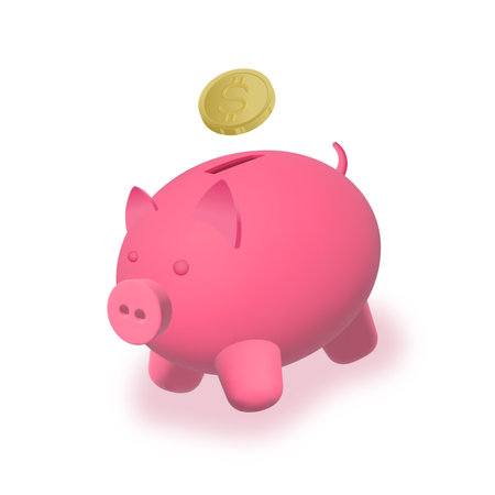 Vector 3d piggy bank icon with gold dollar. Cute pink money savings piggybank render with coin and soft shadow Isolatedのイラスト素材